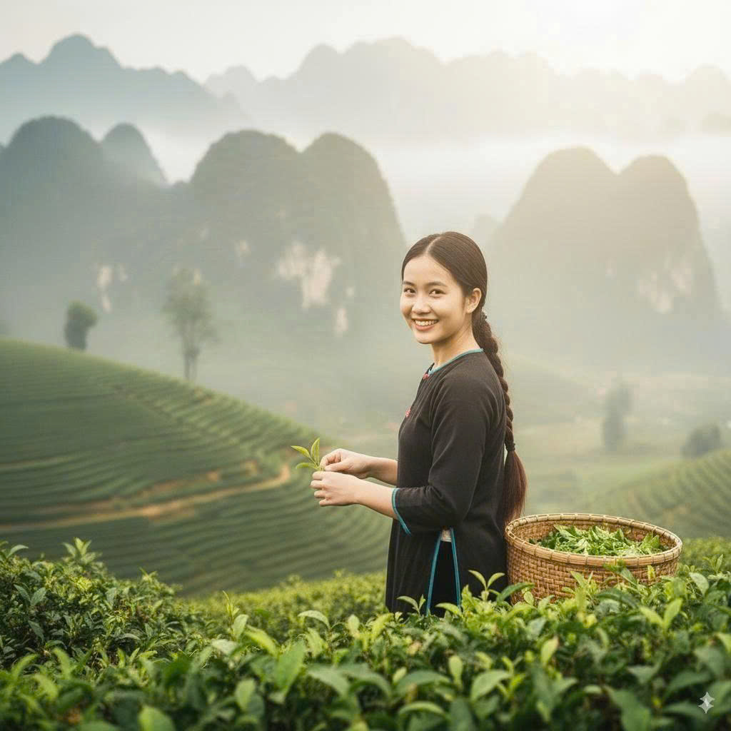 Tách trà thảo mộc VIEGREEN bên nguyên liệu thiên nhiên